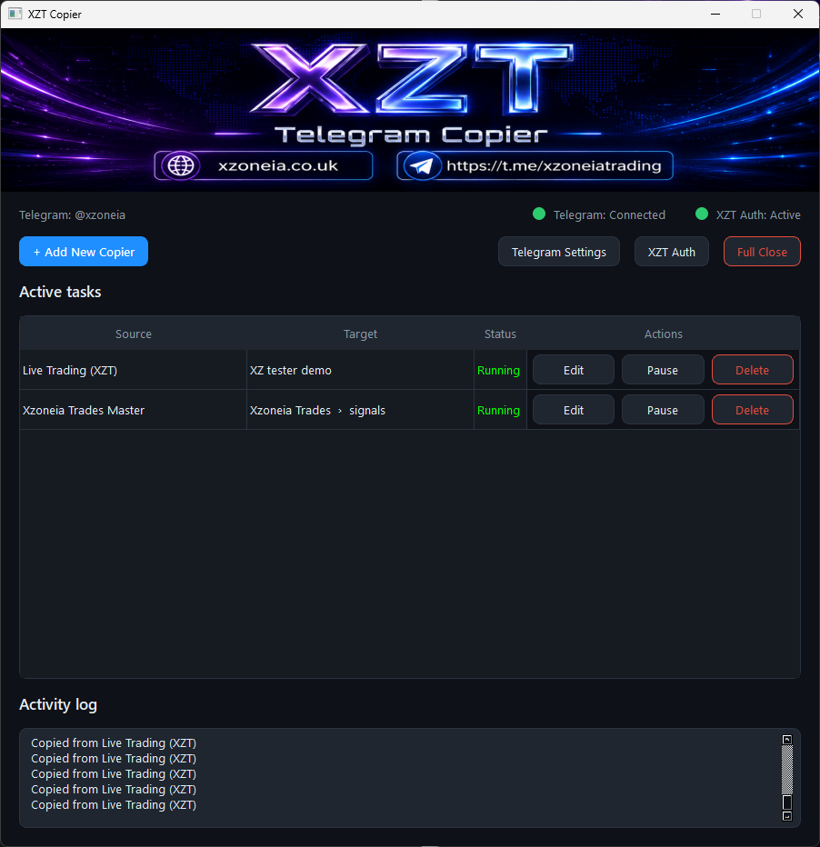 The XZT Telegram Copier app running on Windows