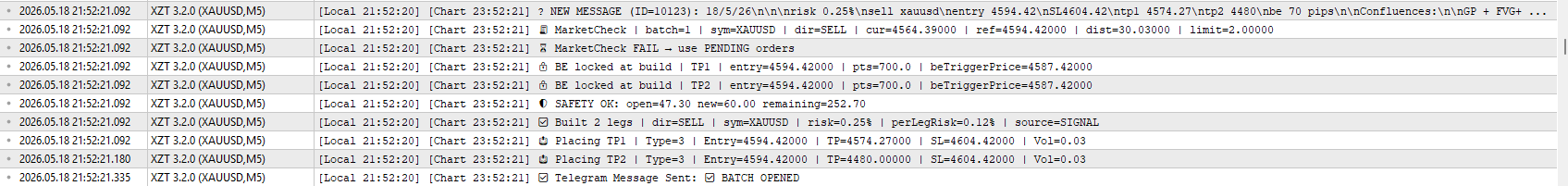MT5 journal showing XZT signal-to-order execution in 243 milliseconds
